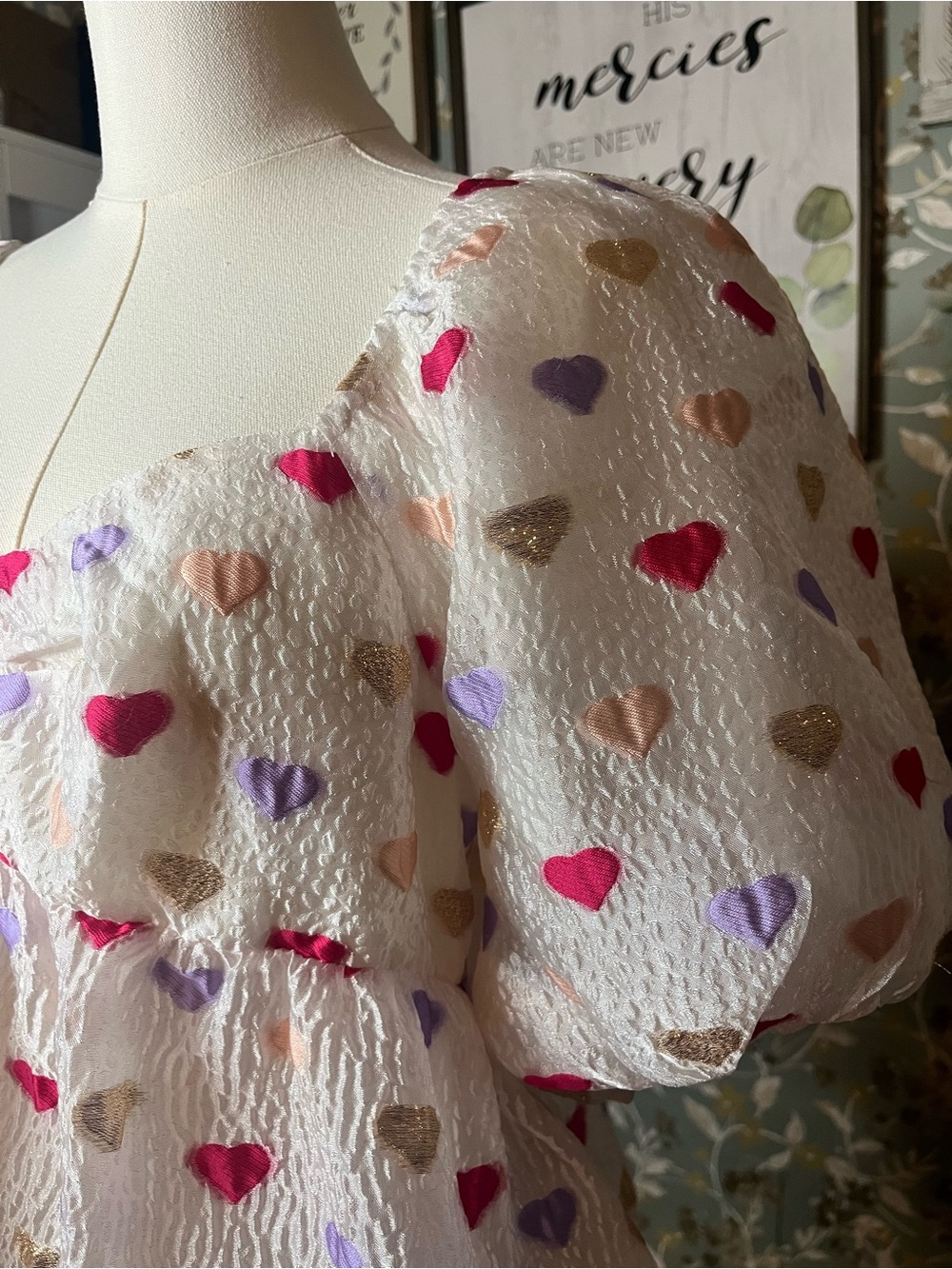 Buddy Love White Heart Print Puff Sleeve Sweetheart Top XS - Picture 2 of 7